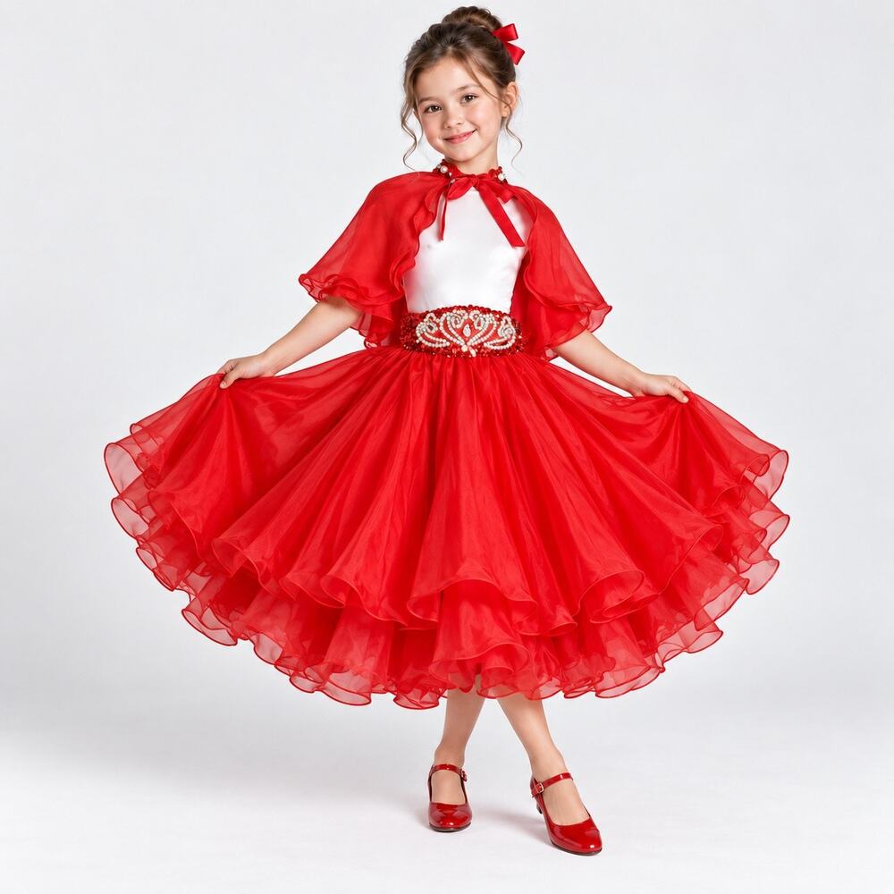 Vintage Girls Size 6/7 Red White Square Dance Recital Costume 6-Layer Skirt